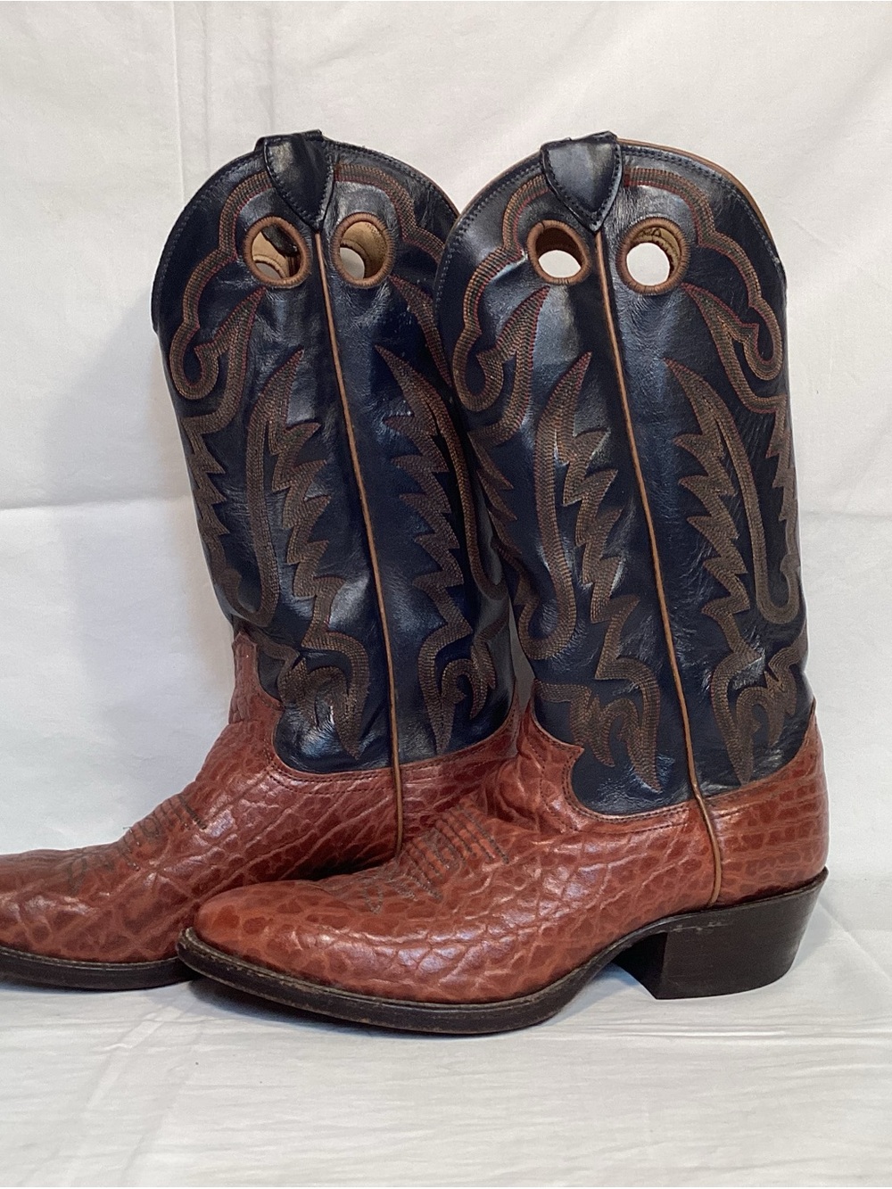 Vintage Justin Boots Exotic Navy Blue and Brown Men's Western Boots Style 2271 - Picture 2 of 16